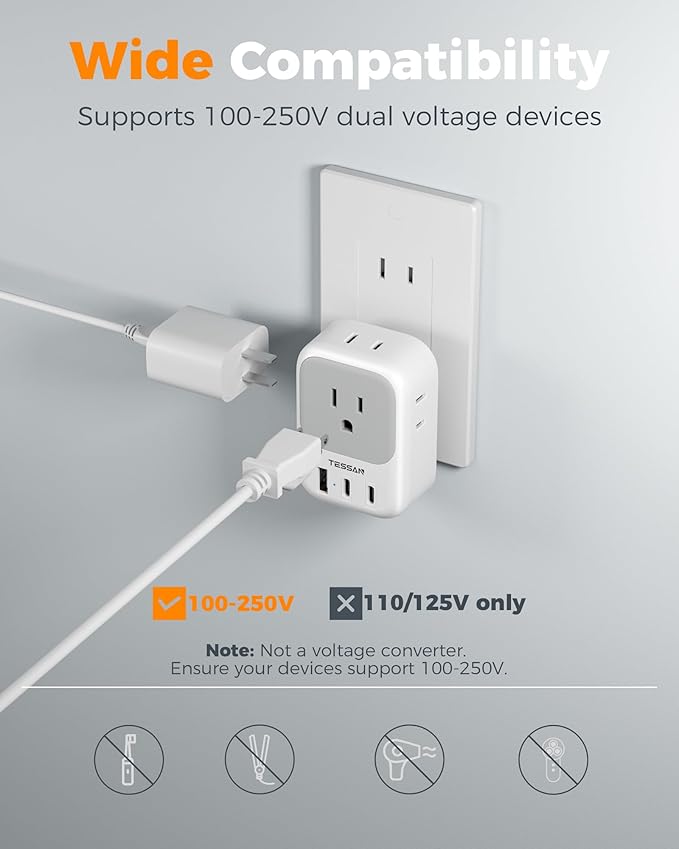 TESSAN US to Japan Plug Adapter 2 Pack,2 Prong to 3 Prong Outlet Adapter with 4 Outlets and 3 USB (2 USB-C), Power Adaptor US to Japan China Mexico Philippines Canada Peru Thailand Vietnam