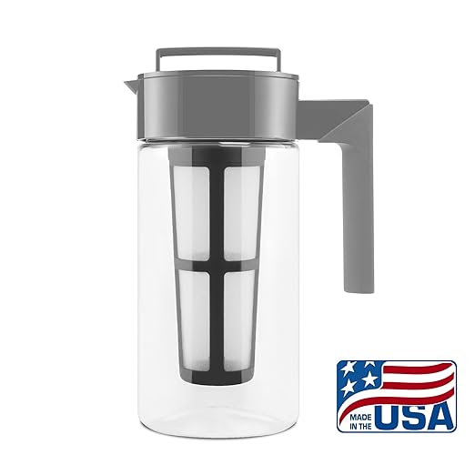 Takeya Deluxe Cold Brew Coffee Maker - BPA-Free Tritan Pitcher with Airtight Leakproof Lid, Silicone Grip Handle, Fine-Mesh Filter - Shatter-Proof, Dishwasher Safe, Made in USA - 1 Quart/Stone