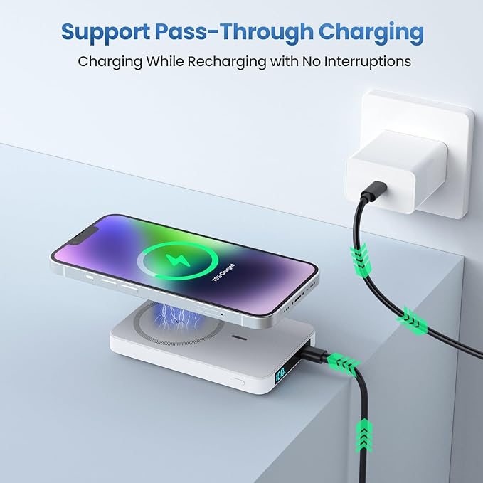 Magnetic Portable Charger 10800mah for Magsafe Battery Pack, Wireless Power Bank with USB C in&out PD Fast Charging,Travel Essential Phone Battery Charger For iPhone 17/16/15/14/13/12 Series-White