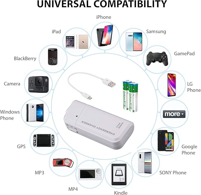 VOLT+ Portable AA Battery Travel Charger Compatible with Xiaomi Redmi 10A and Emergency Re-Charger with LED Light! (Takes 2 AA Batteries,MicroUSB) [White]