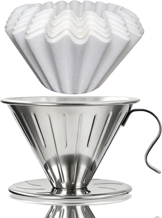 AGOGO V60 Coffee Dripper - Unbreakable 304 Stainless Steel Pour Over Cone for Travel & Camping, Includes 50 Paper Filters & Barista Towel - Silver