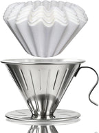 AGOGO V60 Coffee Dripper - Unbreakable 304 Stainless Steel Pour Over Cone for Travel & Camping, Includes 50 Paper Filters & Barista Towel - Silver