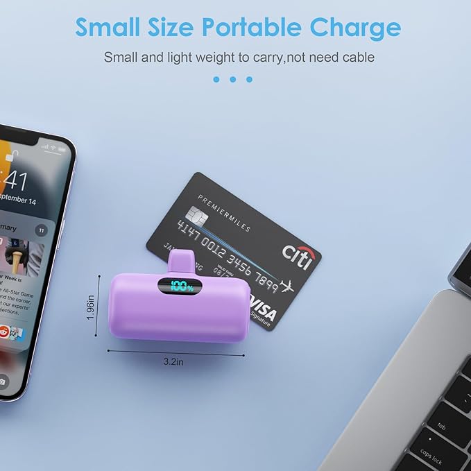 [2 Pack] Small Portable Charger for iPhone,Upgraded 5000mAh PD Fast Charging Power Bank, LCD Display Cute Mini Battery Pack Compatible with iPhone 14/14 Pro Max/13/13 Pro/12 Pro/11/XR/X/8,Black+Purple