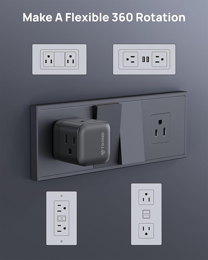 TROND Multi Plug Outlet Extender 2 Pack, 3 Way Outlet Splitter with 360 Rotating Plug, Turn One into Multiple Sideways Adapter, A Black Charging Station for Home Office with Dark Wall Decor