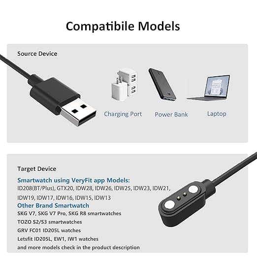VeryFit Smartwatch Charger, Fit for ID208, GTX20, IDW13/15/16/17, IDW19/20/25/26/28 and More, Replacement Magnetic USB Cable for Fast and Easy Charging, 3.3 ft, (ID-cableX2)
