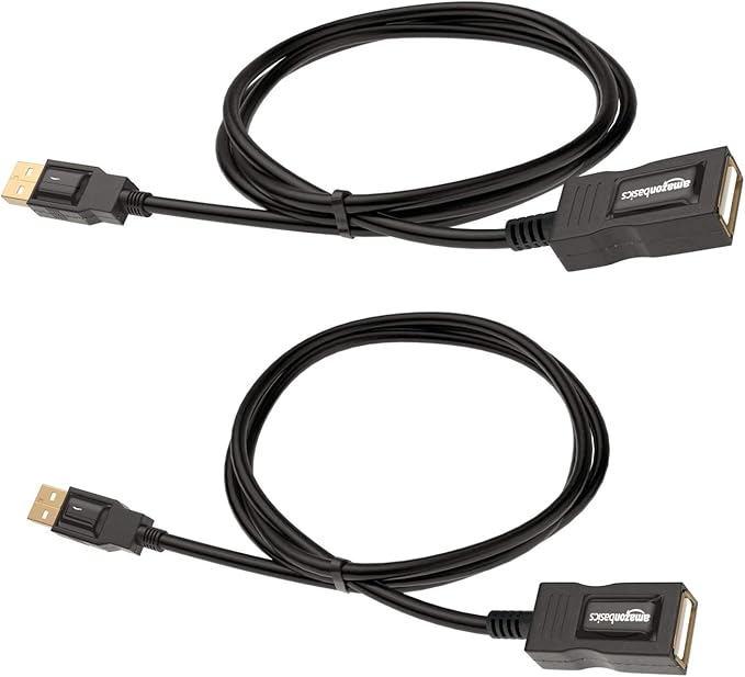 Amazon Basics 2-Pack USB-A 2.0 Extension Cable, Male to Female, Gold-Plated Connectors, 480Mbps Transfer Speed, 3.3 Foot, Black