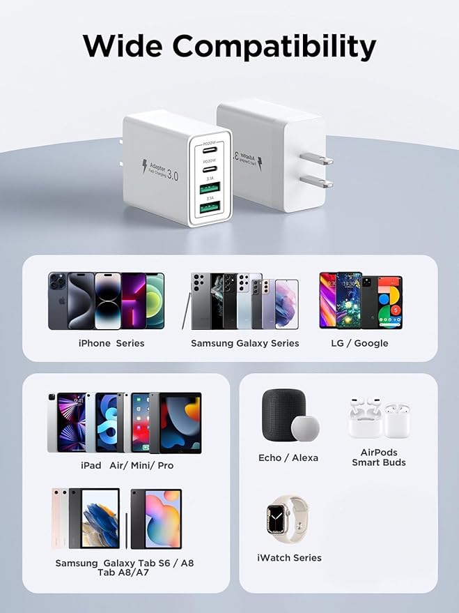 [2-Pack] USB C Wall Charger Block, 40W 4-Port USB C Super Fast Charger Dual Port PD Power Adapter+QC Wall Plug Multiport Type C Brick Cube Compatible with iPhone 15 14 13 12 11 Pro XR XS 8 7, Samsung