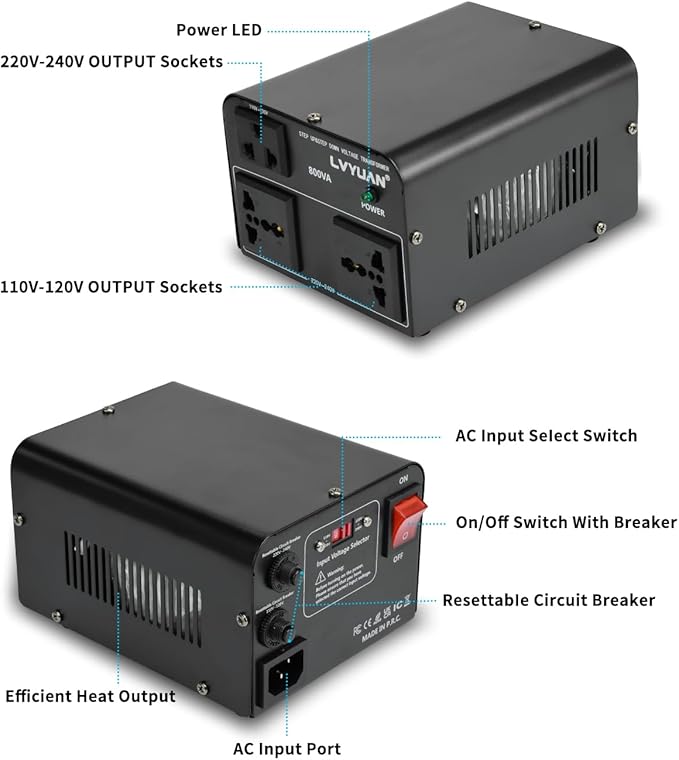 LVYUAN Voltage Converter Transformer 800 Watt Step Up/Down Convert from 110V-120V to 220V-240Vt and from 220V-240V to 110V-120V with 2 US outlets, 2 Universal outlets, Resettable Circuit Breaker