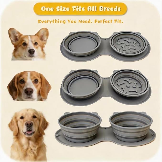 2-in-1 Collapsible Dog Bowl for Travel, Portable Dog Water Bowl with Carabiner Clip, Foldable Silicone Food Dish for Pets Outdoor Hiking Camping Walks (Gray)