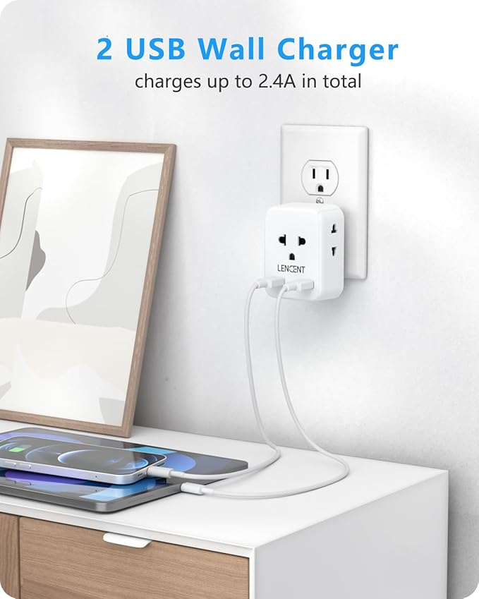 LENCENT EU to US Plug Adapter, European to USA Outlet Adaptor with 2 USB, Europe to American Outlet, 3-Sided Outlet Extender, Wall Tap, Mini Charger Box, Travel Plug Converter