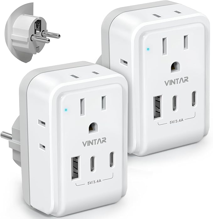2 Pack Type E F Travel Plug Adapter, VINTAR Germany France Plug Adapter with 4 Outlets 3 USB Ports(2USB C), South Korea Outlet Adapter, Schuko Power Adaptor for US to Europe Spain Greece Iceland Korea