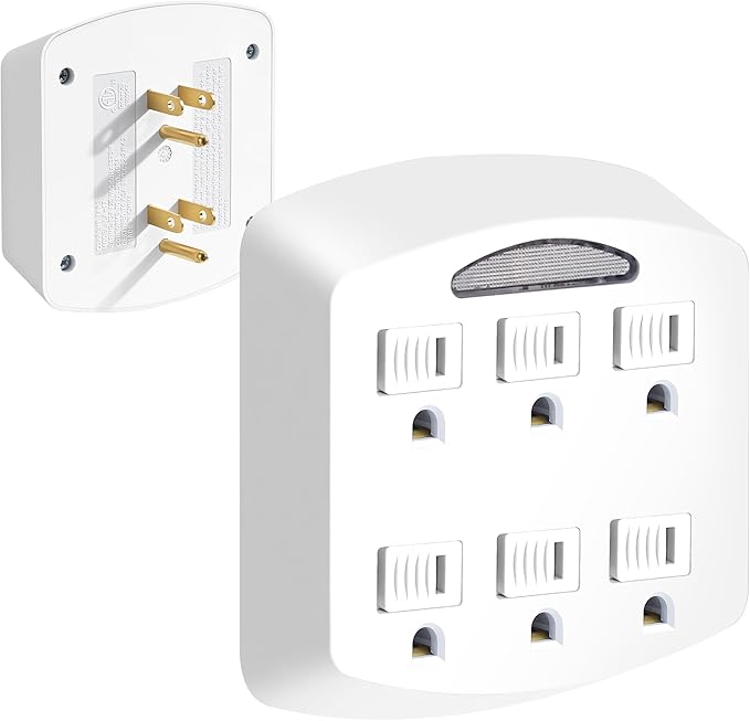 6-Outlet Extender, 3-Prong Ground Wall Tap Adapter with Safety Cap & LED Guide Light, Cruise Essentials, Multiple Plug Electrical Outlets Splitter for Home, Office, Dorm Room, ETL Listed, White
