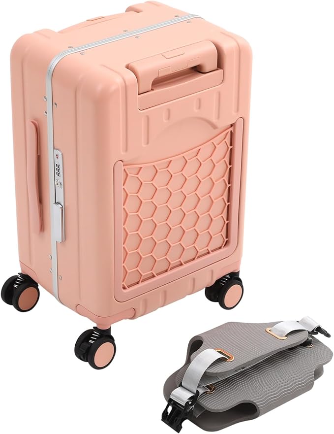 CNCEST 20" Adjustable Double Handle Ride-on Luggage,Travel Carry On Trolley Case with Mesh Pocket for Kids,Children's Ride On Suitcase with Wheels & TSA Lock (StyleB, Pink)