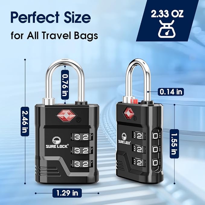 SURE LOCK TSA Approved Luggage Lock – 3-Digit Resettable Combination Padlock with Open Alert Red Dot, Large Easy-Read Dials for Suitcases, Backpacks, Gym & School Lockers(Black 6 pk)