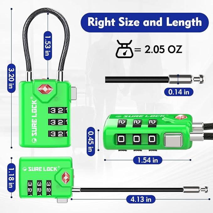 SURE LOCK TSA Approved Combination Luggage Locks with Open Alert Indicator – Durable Zinc Alloy Cable Travel Locks with Large Easy-Read Dials for Suitcases, Backpacks & Gym Bags（Green 4 Pack）