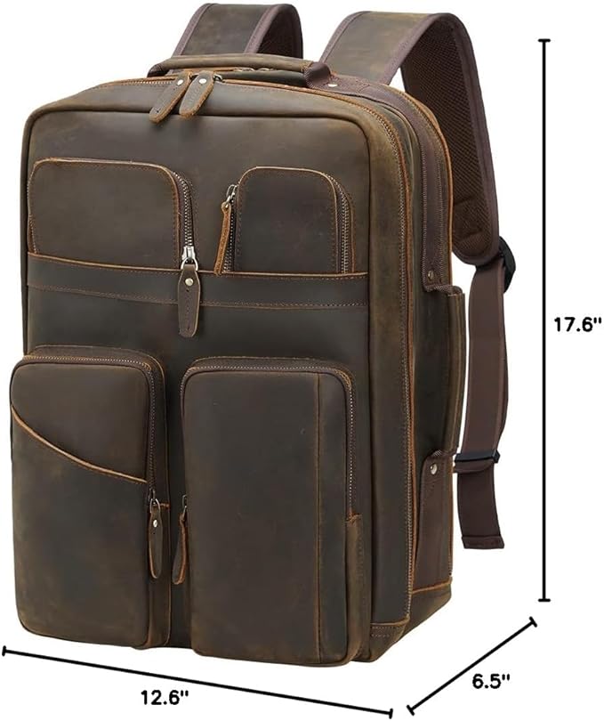 TIDING 17.3" Full Grain Leather Laptop Backpack for Men Multi Pockets Casual Daypack Business Travel Rucksack