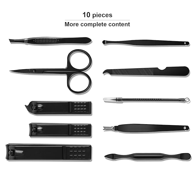 Manicure Set, Travel Mini Nail Clippers Kit Pedicure Care Tools, 10pcs Stainless Steel Grooming kit (Black)