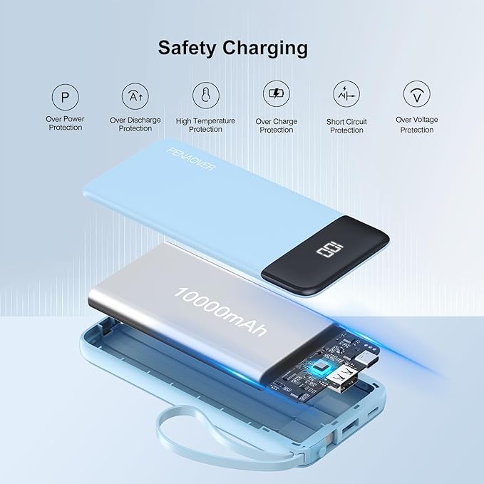 Portable Charger Built-in Cables,10000mAh Power Bank for iPhone,Fast Charge USB C Battery Pack Travel Essentials Slim Lightweight Powerbank Compatible with iPhone 17/16/15/14, Samsung, Android, etc