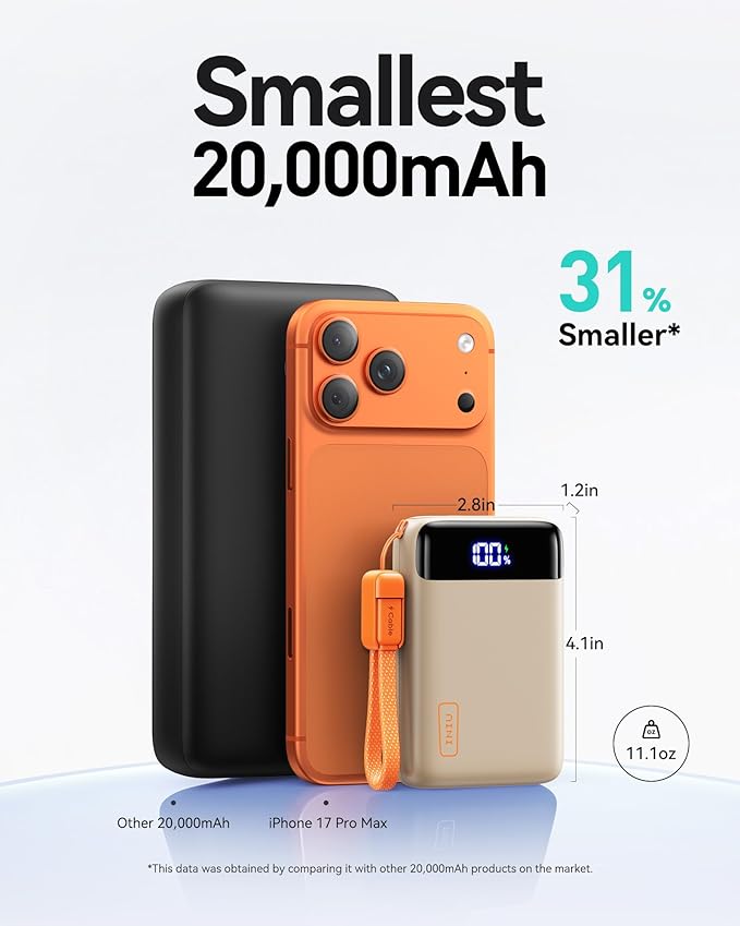 INIU Smallest 20000mAh Power Bank, 22.5W PD Fast Charging Portable Charger with Detachable Cable, Flight-Safe Battery Pack with LED Display for iPhone 17 16, iPad, Travel, Hiking, Camping, Beige