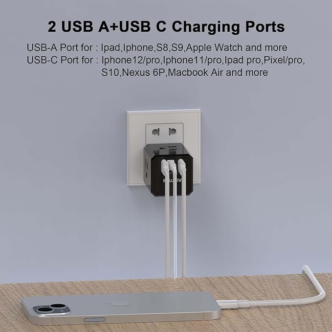 Cruise Ship Essentials, 3-Side Outlet Splitter with 3 USB Ports(1 USB C) USB Wall Charger, Outlet Extender for Home, Office and Cruise, ETL Listed, Black