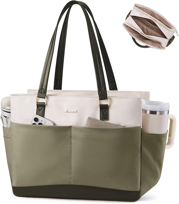 LOVEVOOK Laptop Tote Bag for Women with 3 Separate Pocket Work Bag with Large Cup Holder Computer Briefcase for Teacher Nurse
