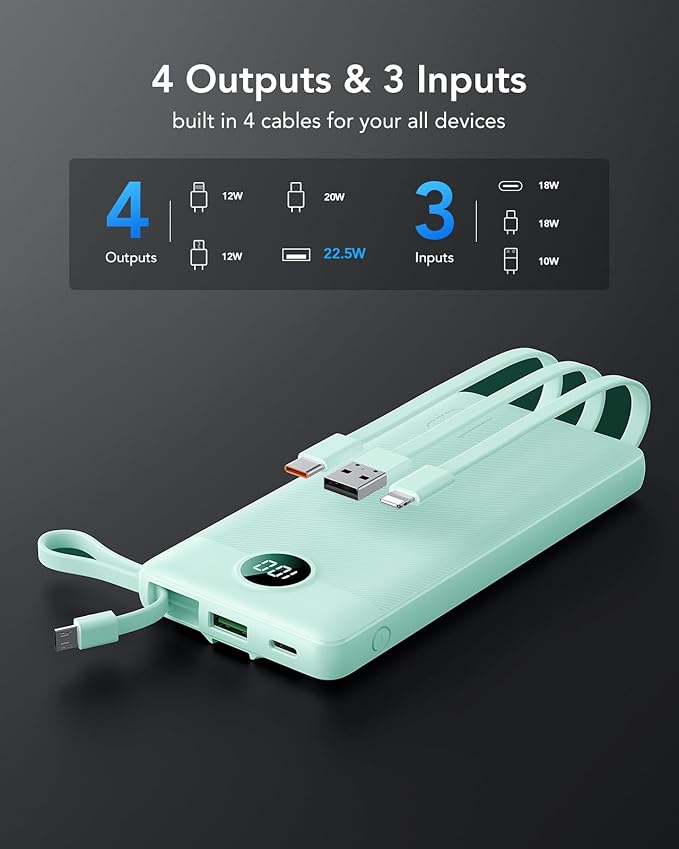 VRURC Portable Charger with Cables for iPhone, 22.5W Fast Charging USB C Power Bank 10000mAh, Compact Cell Phone Battery Pack with Cords for iPhone 17 16 15 14 13,Samsung Galaxy-Green(1 Pack)