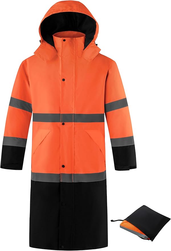 Ubon Men's Hi Vis Long Raincoat Waterproof Reflective Safety Rain Jacket High Visibility with Detachable Hood