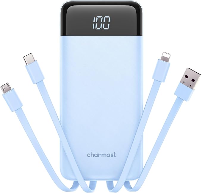 charmast 10000mAh Portable Charger with Built-in Cables, 6 Outputs & 3 Inputs Power Bank, Compact Travel Essential Battery Pack for iPhone 16/15, Samsung S25/S24, Google Pixel, iPad, AirPods & More