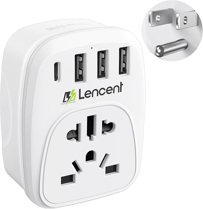 LENCENT World to US Plug Adapter with 3 USB & 1 PD Type-c Quick Fast Charger Ports, Type B European EU Europe/UK/Australia/China to USA American Canada Japan Outlet Power Adaptor Travel Plug Converter
