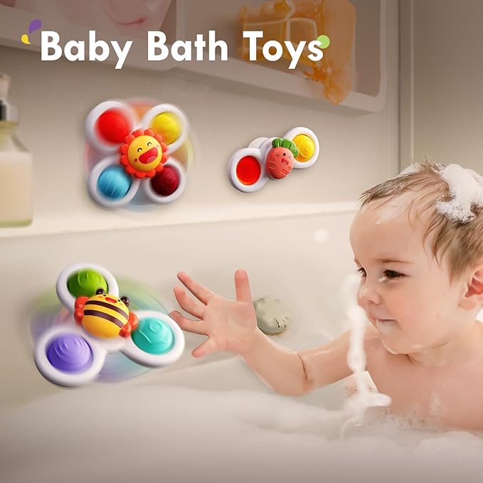 ALASOU 3PCS Pop Suction Cup Spinner Sensory Airplane Travel Toys for 1 Year Old Boy Girl Infant Toddlers|Novelty Spinning Tops 12 18 Months|1 2 Year Old Boy Birthday Gift|Baby Bath Toy Kids Ages 1-3