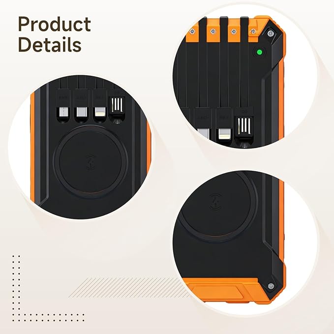 20000Mah Solar Charger Power Bank for Outdoor Use, Wireless Charging, Dual USB Outputs, with Led Lights, Orange and Black, Portable Sizing 6.8 X 3.5 X 1.1 in