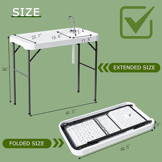 Folding Fish Cleaning Table with Sink, Portable Camping Sink Table with Measure Mark, Drainage Hose and Knife Groove, Outdoor Fish Fillet Cleaning Station for Picnic Fishing, White