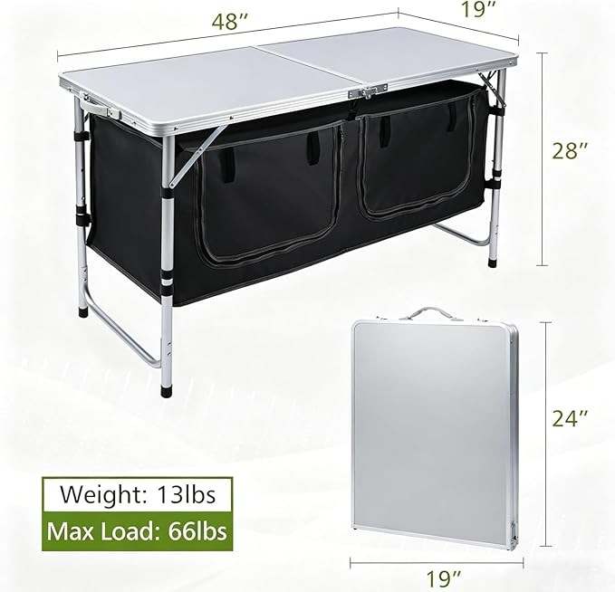 JOUYEK Camping Table, Folding Camping Table with Storage, Portable Kitchen Table, Lightweight, 3 Heights Adjustable Camping Furniture for BBQ, Picnic, Camping, Hiking, Beach, Outdoor Black