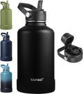 CIVAGO 64 oz Insulated Stainless Steel Water Bottle with Detachable Straw, Large Half Gallon Water Jug with Bucket Handle, Big Metal Leakproof Flask with Silicone Boot for Gym, Dishwasher Safe, Black