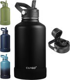 CIVAGO 64 oz Insulated Stainless Steel Water Bottle with Detachable Straw, Large Half Gallon Water Jug with Bucket Handle, Big Metal Leakproof Flask with Silicone Boot for Gym, Dishwasher Safe, Black