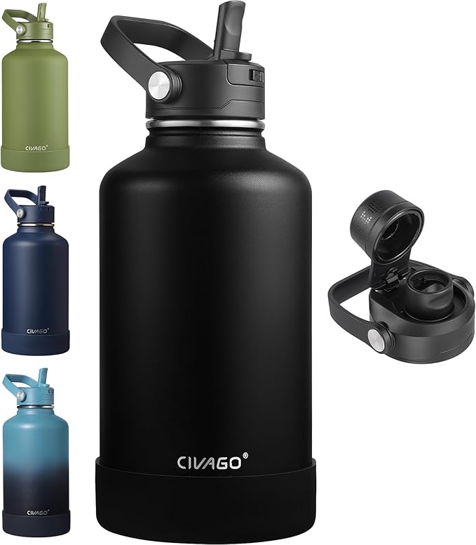 CIVAGO 64 oz Insulated Stainless Steel Water Bottle with Detachable Straw, Large Half Gallon Water Jug with Bucket Handle, Big Metal Leakproof Flask with Silicone Boot for Gym, Dishwasher Safe, Black