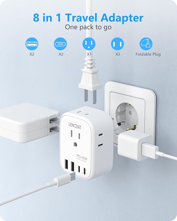 LENCENT European Travel Plug Adapter, PD 45W Type C Foldable Power Plug with 4 Outlets 4 USB Ports, USB Fast Charger Adaptor, Power Adaptor for US to Most of Europe EU Spain Italy France Germany