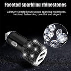 Bling Dual USB Car Charger with 3-in-1 Multi Fast Charging Cable, Dual Port Charger Adapter with Type C Micro USB Cord for iPhone, Android, Rhinestones Car Interior Accessories for Women(Black)