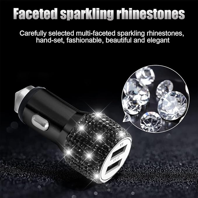 Bling Dual USB Car Charger with 3-in-1 Multi Fast Charging Cable, Dual Port Charger Adapter with Type C Micro USB Cord for iPhone, Android, Rhinestones Car Interior Accessories for Women(Black)