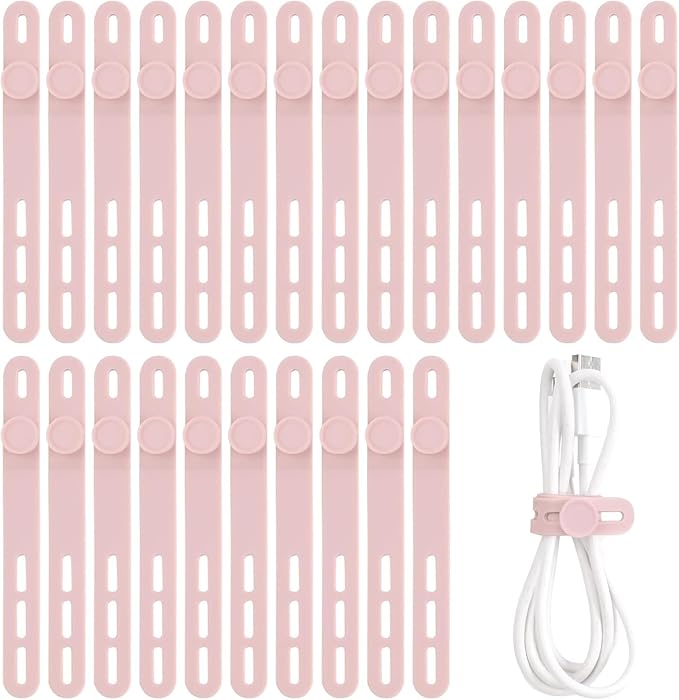 Oligei 25 Pcs Silicone Cable Ties, Cable Ties Reusable, High Elasticity Cord Wraps for Electrical Cords, Cord Organizer for Earphone, Phone Charger(Pink)