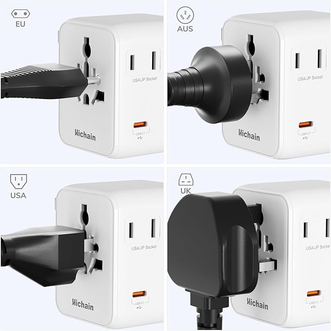 Hichain Universal Travel Adapter, 7-in-1 International Power Adapter 35W Fast Charging Adapter for Europe Plug Universal Power Block, GaN Travel Adapter Worldwide Portable Plug for EU, UK, US, AUS