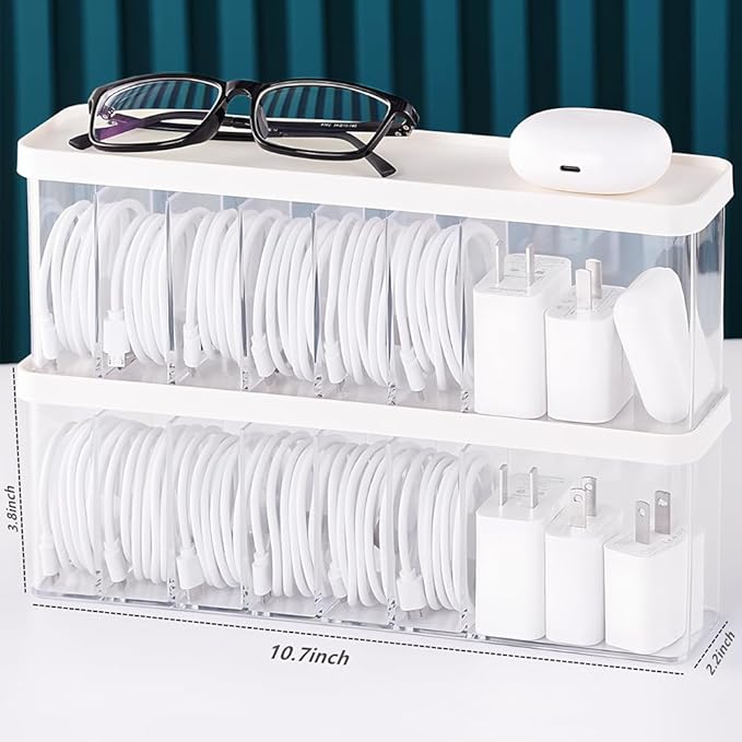 Charger Cable Cord Storage Organizer Box - 2 Pack With Lid - Easy Storage Without Cable Ties