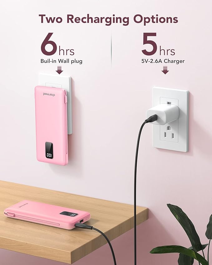 charmast Portable Charger with Built-in Cables and Wall Plug, 10000mAh USB C Portable Power Bank, Potable Phone Charger, Travel Essentials Compatible with iPhones, Samsung Galaxy, iPad