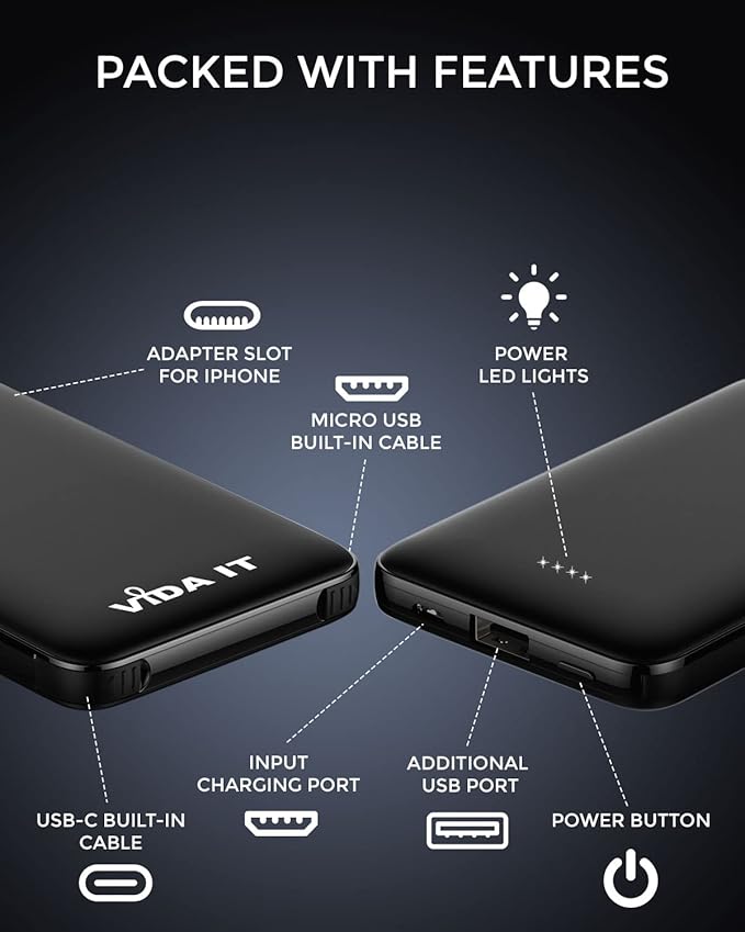 Compact Power Bank Portable Battery Pack for Heated Clothing Vest Jacket Hoodie 5000mAh Pocket Size Portable Charger for iPhone Android Cellphone Portable Battery Charger with Built-In Cable USB/USB-C