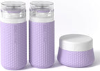 Travel Bottles for Toiletries 2oz 60ml 2 Pack + Cosmetic Jar 40ml 1.35oz Luxury Leather Pattern, Anti-slip Silicone Premium Refillable Bottle Set with Facial Brush On-the-go, Lavender Purple