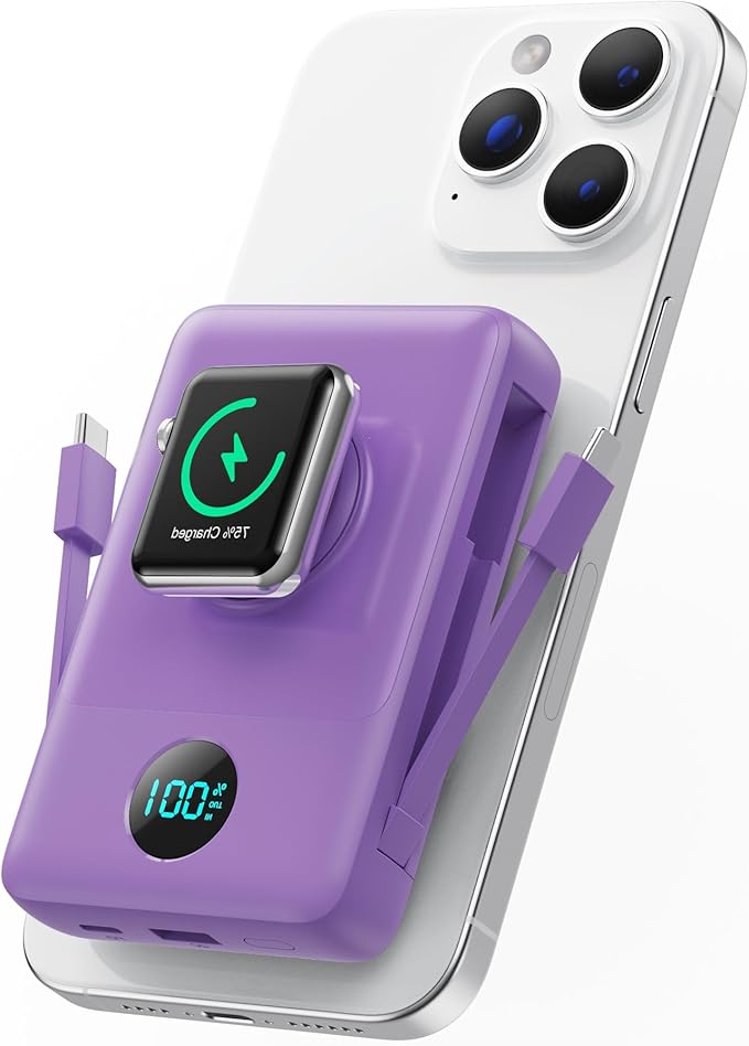 Magnetic Portable Charger for MagSafe with Built-in Cable,iWatch Charger,10800mAh Wireless Power Bank Travel Essentials,25W PD Fast Charging Battery Pack for iPhone 17/16/15/14/13,Apple Watch-Purple