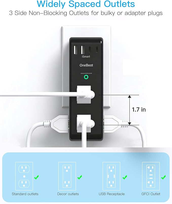 Surge Protector Outlet Extender with Rotating Plug, 6 AC Multi Plug Outlet with 4 USB Ports (2 USB C), 3-Sided 1800 J Swivel Power Strip with Spaced Outlet Splitter for Home Dorm, Black, 2 Pack