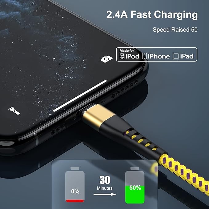 Essri 2Pack for iPhone Charger Cord 6FT, Lighting Cable 6 Feet to USB Charging Cable, Nylon Braided Charging Cord 6 Foot Compatible with iPhone 14 13 12 11 X XS XR 15 Pad -Gold
