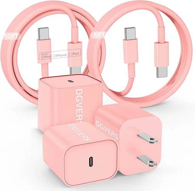 Fast Charger for iPhone 17 16 15 Charger Fast Charging, 6+10ft USBC to USBC Cable Cord &20W Type C Block for iPhone 17 Air, 16e, 17 16 15 (Pro Max/Pro/Plus), iPad Pro/Air/Mini, Pink