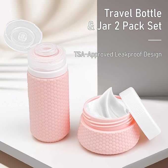 Travel Bottles for Toiletries 2oz 60ml 2 Pack + Cosmetic Jar 40ml 1.35oz Luxury Leather Pattern, Anti-slip Silicone Premium Refillable Bottle Set with Facial Brush for Gym Men Women, Pink